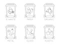 Containers for garbage of different types. Set of garbage cans for paper products, e-waste, food waste, glass, paper and plastic