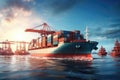 Containers loading and unloading at the port terminal. 3d rendering, A container cargo freight ship with a working crane bridge Royalty Free Stock Photo