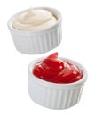 Containers of mayonnaise and tomato ketchup