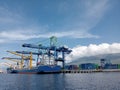 Containers port of loading harbour views from sea Royalty Free Stock Photo