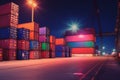 Containers in port at night. Freight transportation and logistics concept Royalty Free Stock Photo