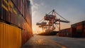 Containers at the port stand ready for global export, with a loader operating in the background. This bustling scene reflects the