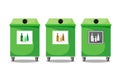 Containers for recycling glass by color, green, brown and clear glass. Vector illustration of a flat style.