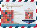 Containers ship, high-altitude crane with a container, sea port