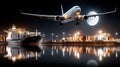 Containers and trucks are bustling at the port while a cargo plane flies overhead under a nighttime sky Royalty Free Stock Photo