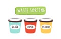 Containers for waste sorting with glass, paper and plastic vector flat illustration. Colorful buckets for garbage