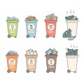 Containers waste sorting plastic organic paper glass metal garbage recycling vector contour illustration.