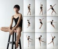 Set of portraits of graceful Japanese ballet dancer, ballerina dancing  on light gray studio background. Royalty Free Stock Photo