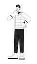 Contemplate pensive young man flat line black white vector character