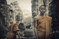 Contemplating Monk Cambodia Angkor Wat Siam Reap Concept Royalty Free Stock Photo