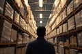 Contemplative Back view of person in huge warehouse. Generate ai