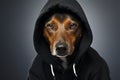 A contemplative dog wears a hooded black cotton hoodie, looking introspective