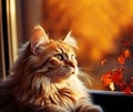 A contemplative feline admires the fiery autumn landscape. AI generation