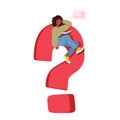Contemplative Female Character Seated On Huge Red Question Mark with Speech Bubble over Head, Portraying Introspection