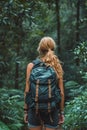 Contemplative Female Solo Traveler Amidst the Lush Greenery of a Misty Forest. Generative AI