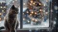 Contemplative Grey Cat Sitting by a Window on a Snowy Day. Indoor Serenity, Cozy Winter Scene with Pet. AI Royalty Free Stock Photo