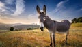 Melancholic Grey Donkey Ambling Across a Winter Field, Capturing the Tranquility of a Barren Landscape under Overcast Skies Royalty Free Stock Photo