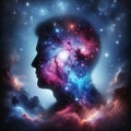 A contemplative human profile emerges from a vibrant cosmic nebula, evoking themes of cosmic imagination and introspection