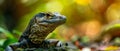A contemplative lizard with a distinctive scale pattern rests among forest foliage, blending with the natural textures of its Royalty Free Stock Photo