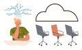 Contemplative Person with Circuit Mind, Cloud Icon, and Empty Office Chairs Highlighting Collaboration Royalty Free Stock Photo