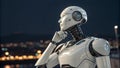 Contemplative Robot White, City Night bokeh background
