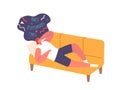 Contemplative Woman Lying On A Sofa, Ponders Her Troubles, Deep In Thought. Anxious Female Character Seeking Solutions