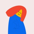 Contemporary abstract artwork. Woman with red hair and blue coat stands with closed eyes, and seems to be lost in