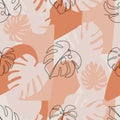 Contemporary abstract floral seamless pattern. One line monstera leaves various form and geometric shape. Royalty Free Stock Photo