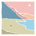 Contemporary abstract minimalistic landscape poster. Mountains and lake with lonely person. Back to nature. Pastel colors. Boho