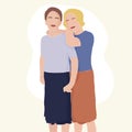 Contemporary abstract portrait of two women in a minimalist style. Girlfriends. One young girl embracing the other. Vector