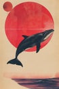 Contemporary animal collage art with whale, risograph print