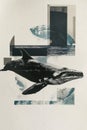 Contemporary animal collage art with whale, risograph print