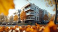 a contemporary apartment building on a street in sunny day