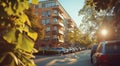 a contemporary apartment building on a street in sunny day