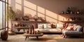 Contemporary apartment home interior design concept, casual design background concept, earthy materials and color tones