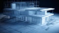 Contemporary architectural blueprints with a digital wireframe model