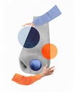 Contemporary art collage. Abstract hands interact with a grayscale nose surrounded by colorful circles, emphasizing