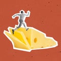 Contemporary art collage of active man running on cheese slices isolated over red background