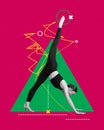 Contemporary art collage with adorable sporty girl doing exercises over pink background. Pilates, yoga training Royalty Free Stock Photo