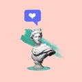 Contemporary art collage. Antique statue bust with like icon isolated over pink background. Social media concept