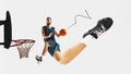 Contemporary art collage. Athlete man, basketball player with long leg practicing throwing ball into hoop clearly