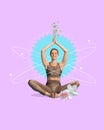 Contemporary art collage . Attractive, young fit woman dressed sporty sitting in lotus pose of yoga with raising hand