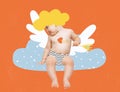 Contemporary art collage of baby boy, little love Cupid sittingon clod and sending love isolated over orane background