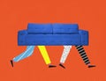 Contemporary art collage. Blue sofa running on human legs. Conceptual surreal image. Moving to another flat