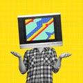 Contemporary art collage. Bright design. Man in checkered shirt with retro TV head over yellow background. Mass media Royalty Free Stock Photo
