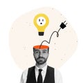 Contemporary art collage. Business design of motivated employee with lighbulb appearing from head