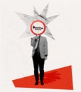 Contemporary art collage. Businessman with Horn prohibited road sign head symbolizing keeping silence at the meeting