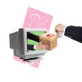 Contemporary art collage. Businessman putting voting paper into ballot box sticking out from retro computer motinor