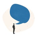 Contemporary art collage. Businessman standing under huge speech bubble, making message report