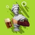 Contemporary art collage with bust of antic statue and hand holding beer glass with lager cold foamy beer. Concept of